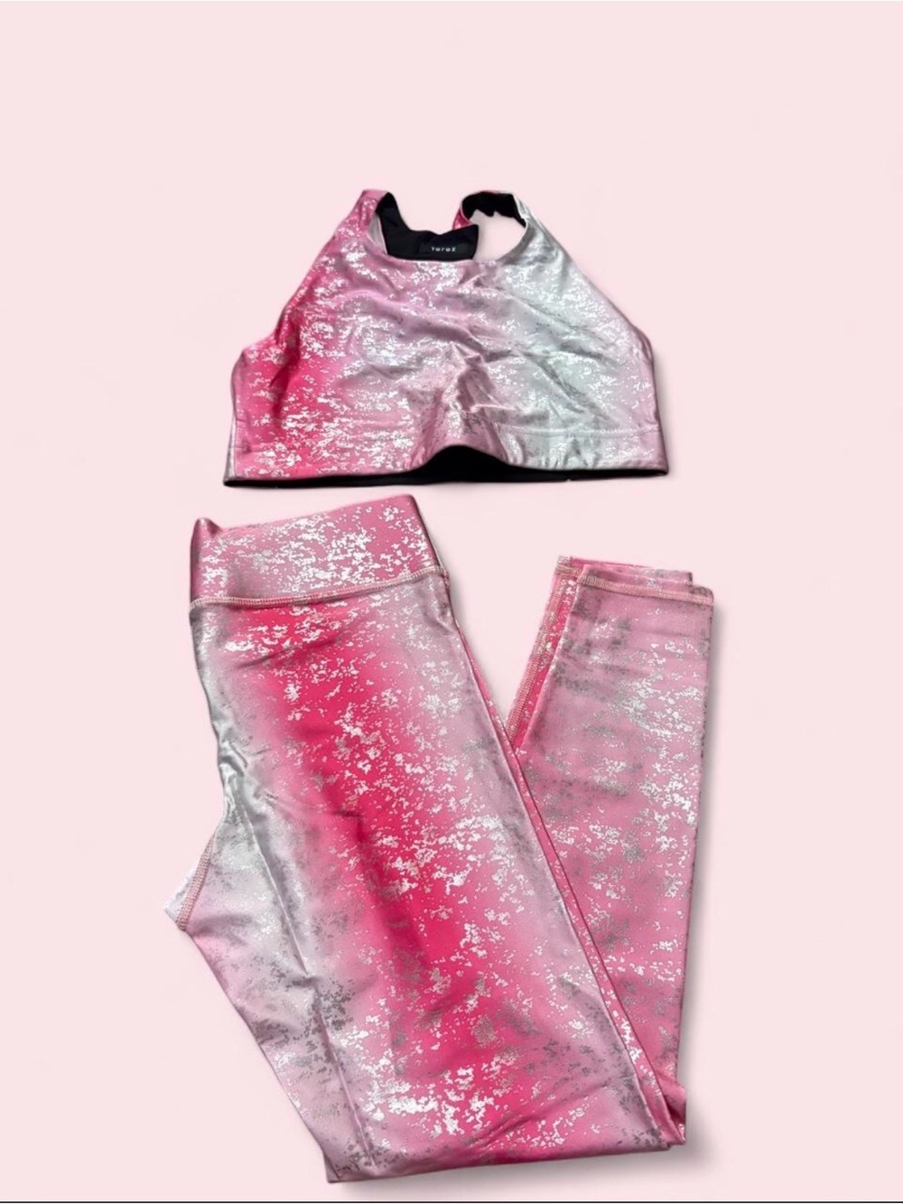 Terez Pink & Silver Metallic Girls' Sports Bra and Leggings Set